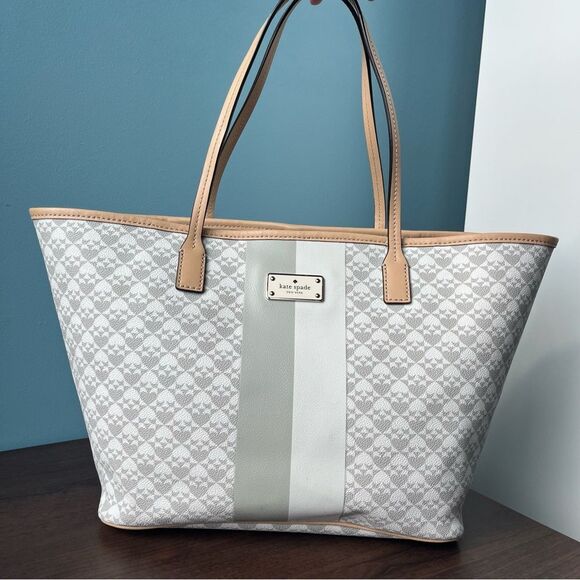 KATE SPADE Grey Margarita Knott Houndstooth Stripe Tote Shoulder Bag Street - Picture 1 of 13